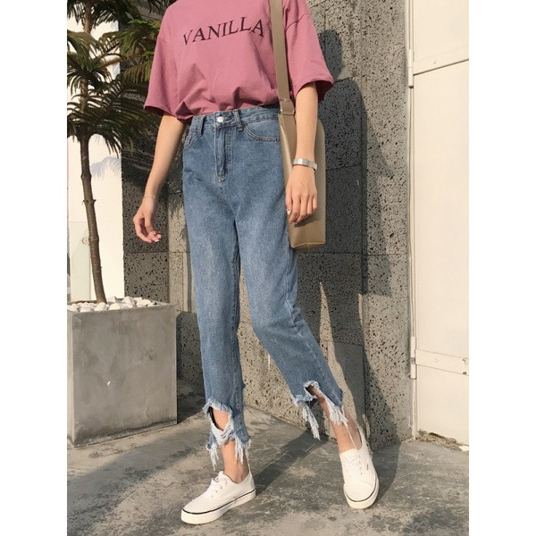 Blugi lungi de dama moderni cu talie inalta si motiv rupt