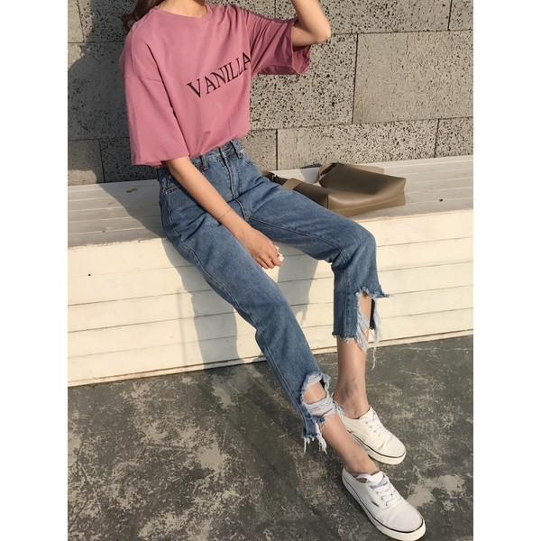 Blugi lungi de dama moderni cu talie inalta si motiv rupt