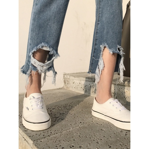 Blugi lungi de dama moderni cu talie inalta si motiv rupt