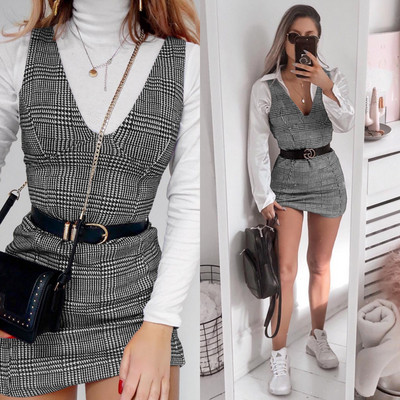 Rochie dama in carouri cu decolteu in V in trei culori