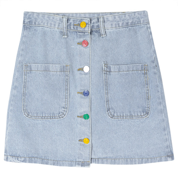 Fusta de dama moderna din denim cu buzunar si nasturi colorati