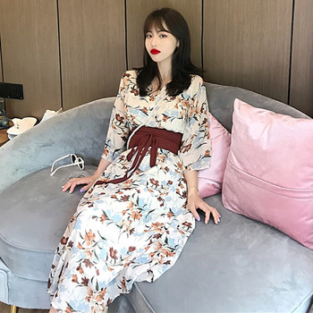 Rochie lunga de dama actuala cu talie inalta cu model floral