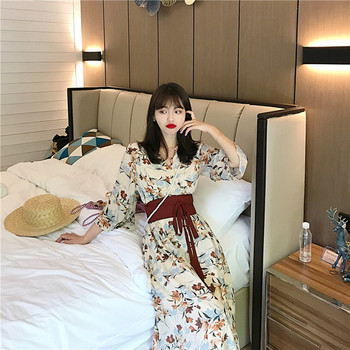 Rochie lunga de dama actuala cu talie inalta cu model floral