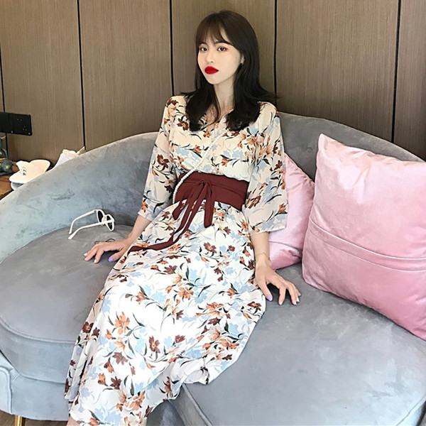 Rochie lunga de dama actuala cu talie inalta cu model floral