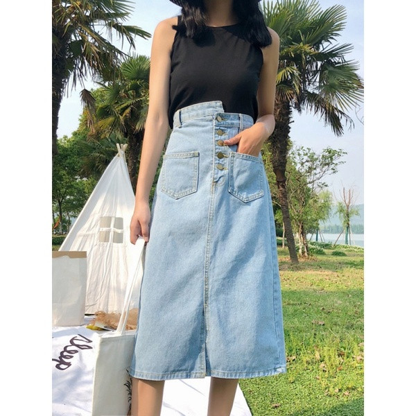 Fusta de dama moderna din denim lunga cu nasturi si buzunar