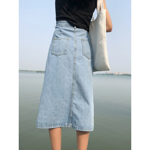 Fusta de dama moderna din denim lunga cu nasturi si buzunar