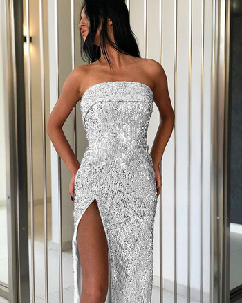 Стилна дамска рокля с цепка и пайети в няколко цвята