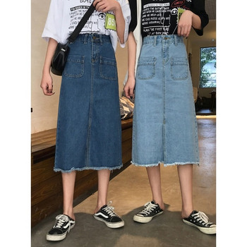 Fusta de dama moderna din denim cu buzunar si talie inalta