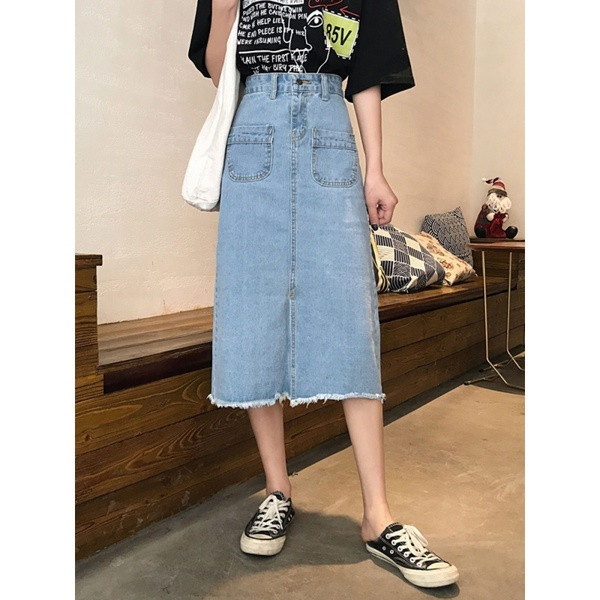 Fusta de dama moderna din denim cu buzunar si talie inalta