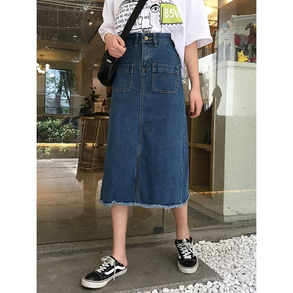 Fusta de dama moderna din denim cu buzunar si talie inalta