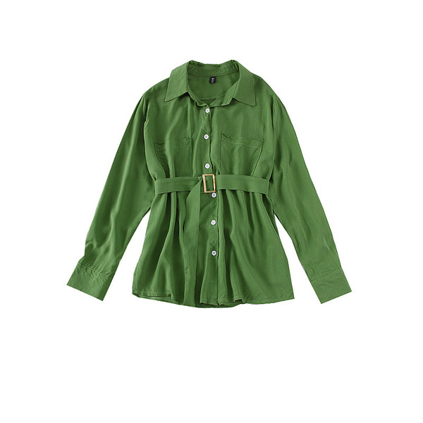 Cămașă modernă de damă cu curea în alb, negru și verde