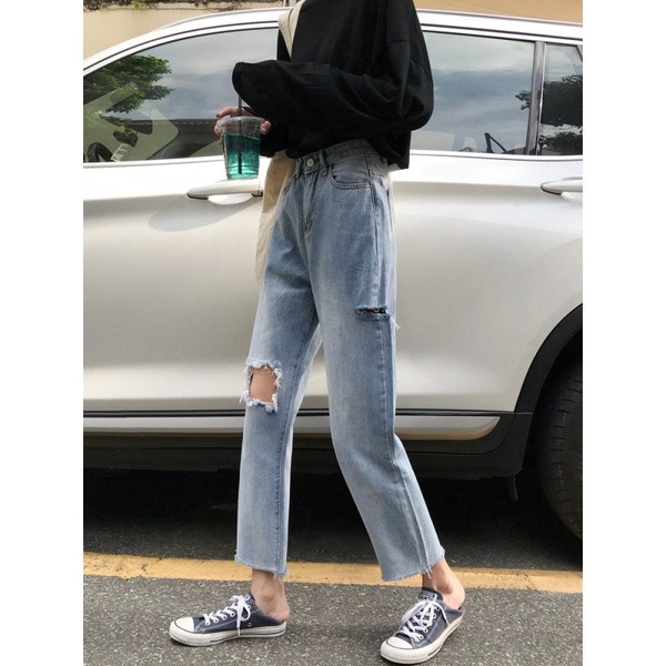 Blugi lungi moderni cu motiv rupt și talie înaltă