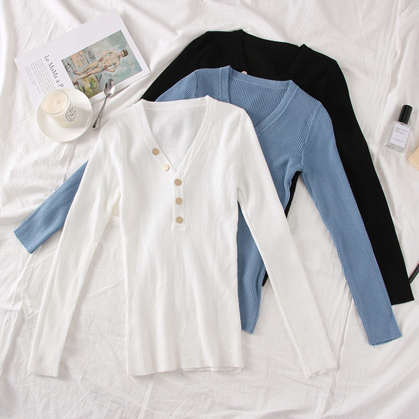 Bluza de dama model nou cu nasturi si decolteu in V - mai multe culori