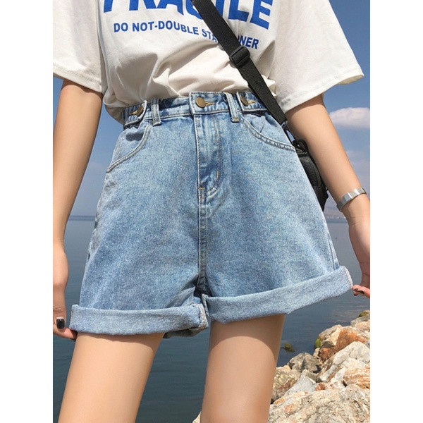 Blugi scurti de dama la moda cu buzunar cu talie inalta in albastru