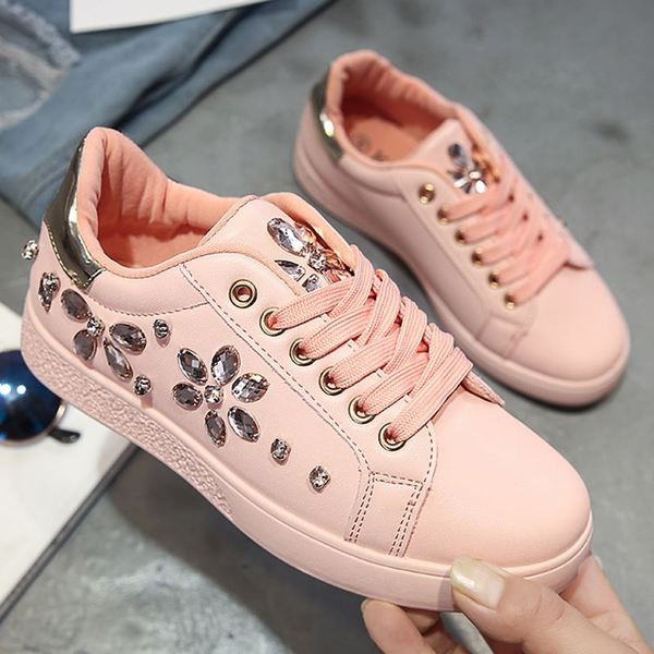 Adidași moderni de damă cu pietre în alb, roz și negru