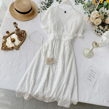 Модерна дамска бяла рокля с къс ръкав и копчета