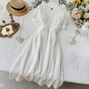 Модерна дамска бяла рокля с къс ръкав и копчета