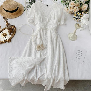 Модерна дамска бяла рокля с къс ръкав и копчета