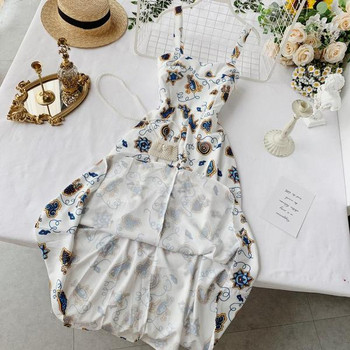 Rochie moderna de dama lunga cu bretele subtiri in alb si imprimeu color