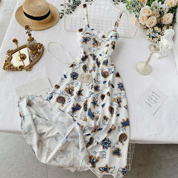 Rochie moderna de dama lunga cu bretele subtiri in alb si imprimeu color