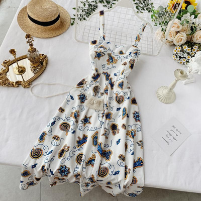 Rochie moderna de dama lunga cu bretele subtiri in alb si imprimeu color