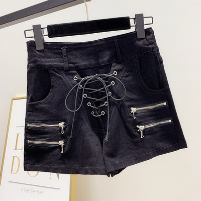 Pantaloni scurți moderni de damă din denim cu legături încrucișate în negru