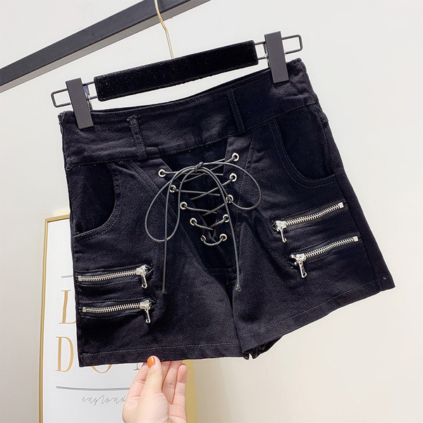 Pantaloni scurți moderni de damă din denim cu legături încrucișate în negru