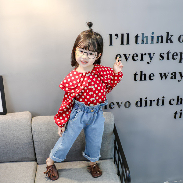 Set bebelus modern pentru fetite camasa + blugi in doua culori