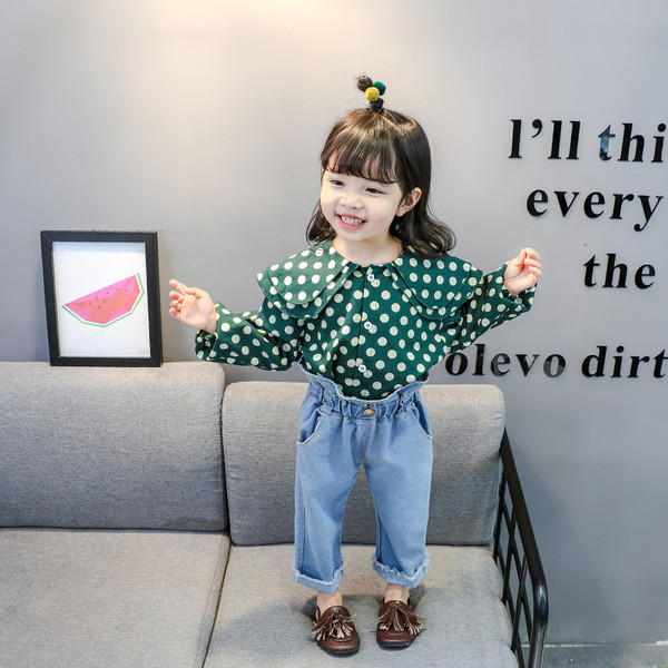 Set bebelus modern pentru fetite camasa + blugi in doua culori