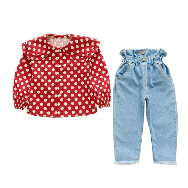 Set bebelus modern pentru fetite camasa + blugi in doua culori