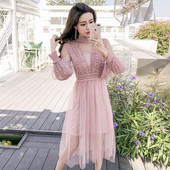 Rochie lunga de dama eleganta in doua culori - roz si alb