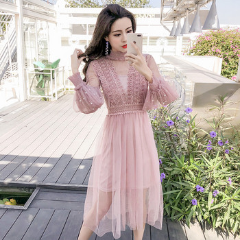 Rochie lunga de dama eleganta in doua culori - roz si alb