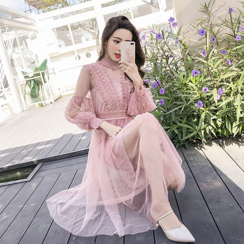 Rochie lunga de dama eleganta in doua culori - roz si alb