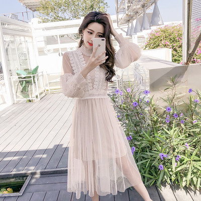 Rochie lunga de dama eleganta in doua culori - roz si alb