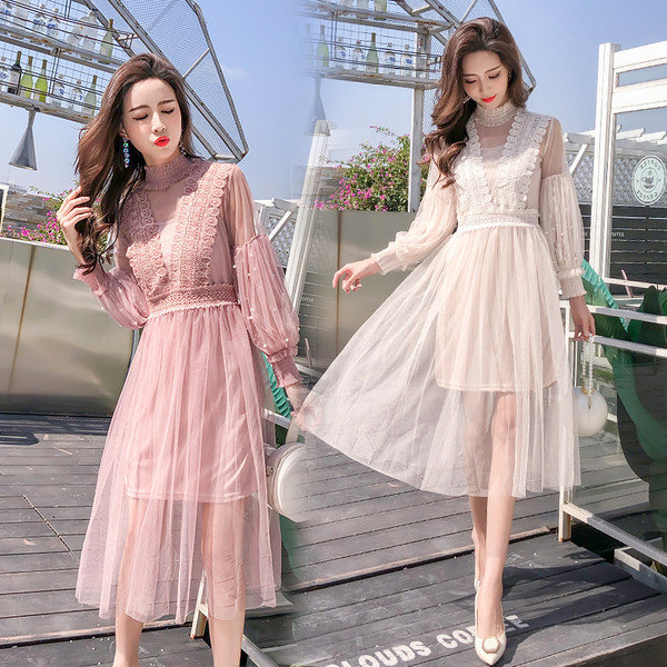 Rochie lunga de dama eleganta in doua culori - roz si alb