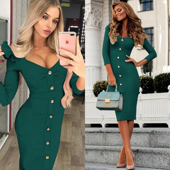 Rochie elegantă de damă, cu nasturi și mâneci lungi