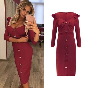 Rochie elegantă de damă, cu nasturi și mâneci lungi