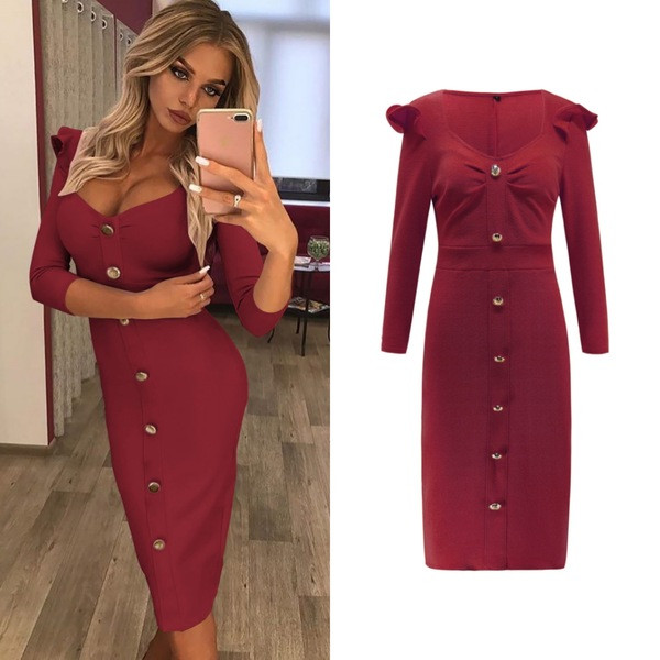 Rochie elegantă de damă, cu nasturi și mâneci lungi