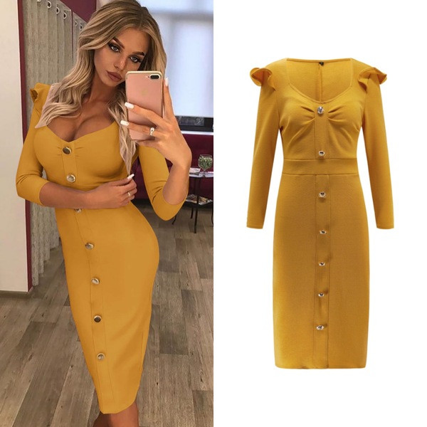 Rochie elegantă de damă, cu nasturi și mâneci lungi