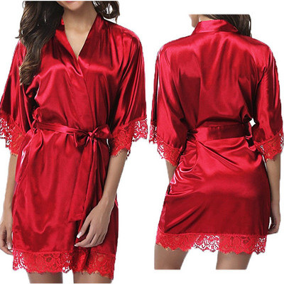 Women`s satin bathrobe with belt and lace in several colors