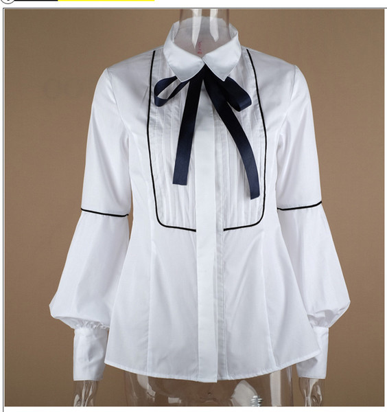 Cămașă elegantă de damă cu panglică în alb