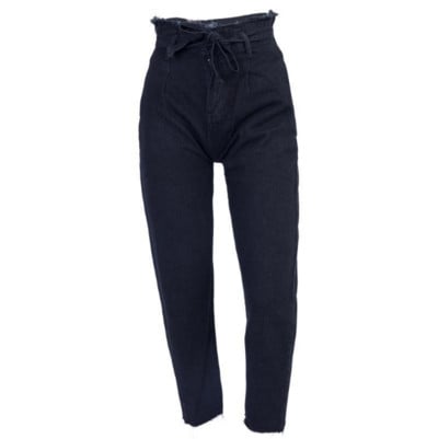 Дамски дънки с висока талия и връзки в черен и син цвят