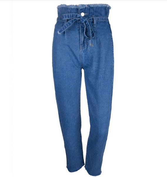 Дамски дънки с висока талия и връзки в черен и син цвят