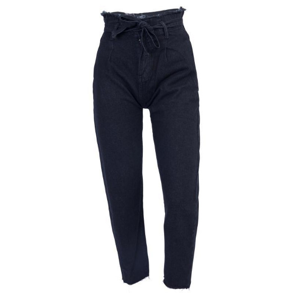 Дамски дънки с висока талия и връзки в черен и син цвят