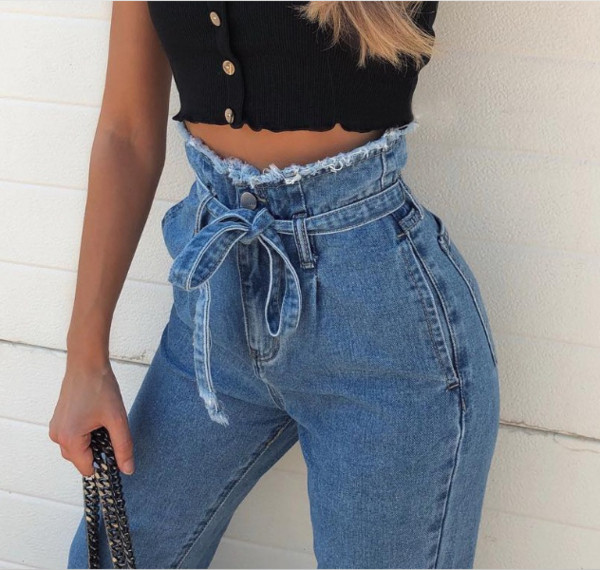 Дамски дънки с висока талия и връзки в черен и син цвят