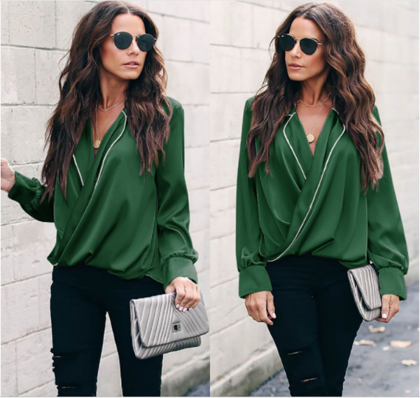 Bluză de damă modernă cu mâneci lungi și decolteu în V în mai multe culori