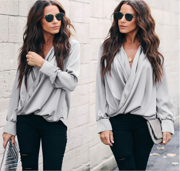 Bluză de damă modernă cu mâneci lungi și decolteu în V în mai multe culori