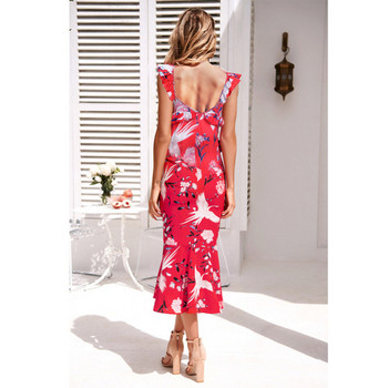 Rochie de dama cu model floral in alb si rosu