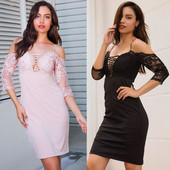 Rochie moderna de dama cu cravate si maneci din dantela in negru si roz