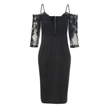 Rochie moderna de dama cu cravate si maneci din dantela in negru si roz